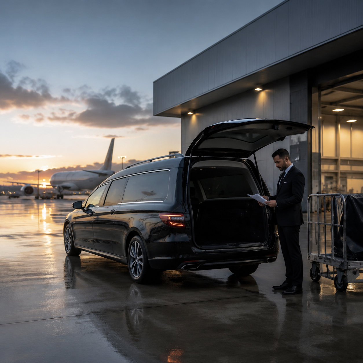 Carro funerário no pátio do aeroporto, durante um traslado internacional